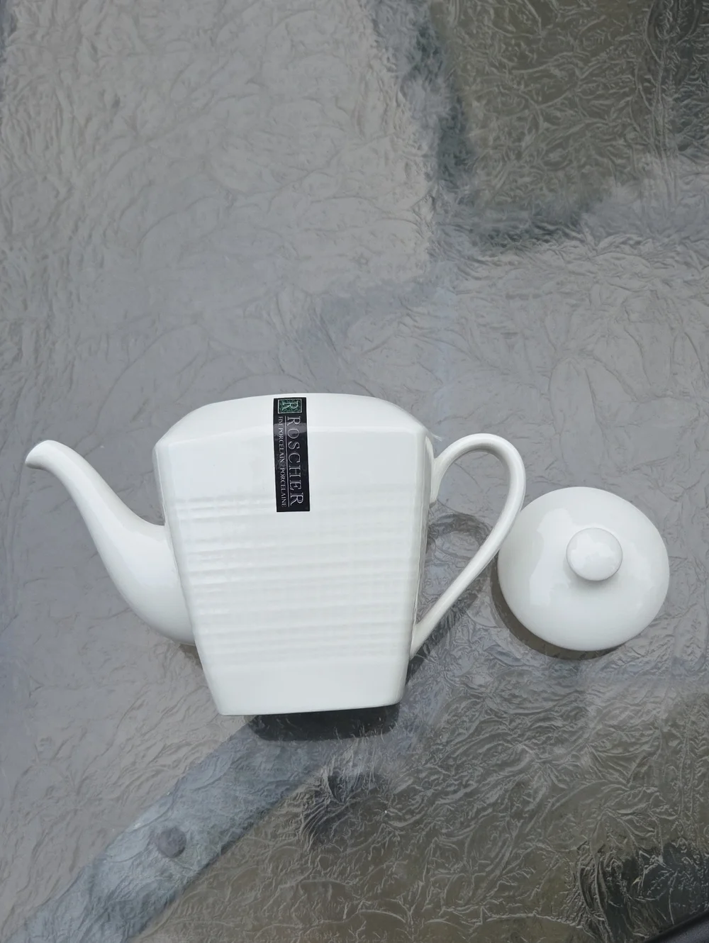 Roscher Fine Porcelain Ceramic White Square Textured Teapot with Lid New Read